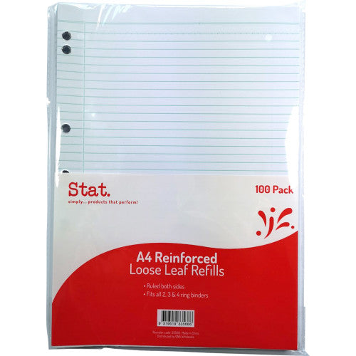 Stat A4 Loose Leaf Reinforced Refills Ruled Pack of 100