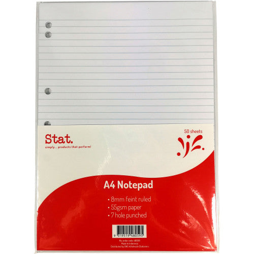 Stat A4 Notepad 7 Hole Punched 50 Sheets 55gsm 8mm Ruled White