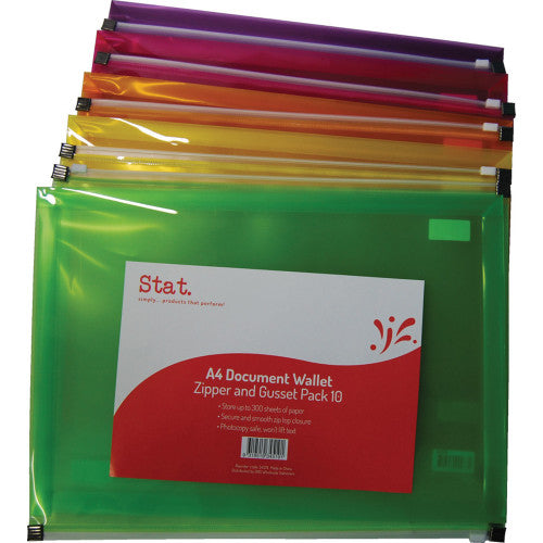 Stat A4 PP Document Wallet with Zip Gusset Assorted Pack of 10