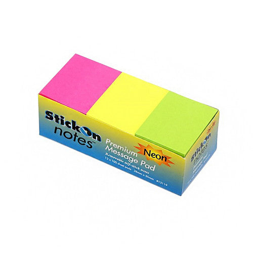 Stick-On Notes 38mm x 50mm 12 Pads x 100 Sheets Neon Assorted