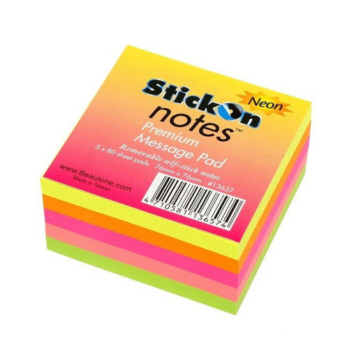 Stick-On Notes 76mm x 76mm Neon Assorted 5 Pads x 80 Sheets Pack of 12