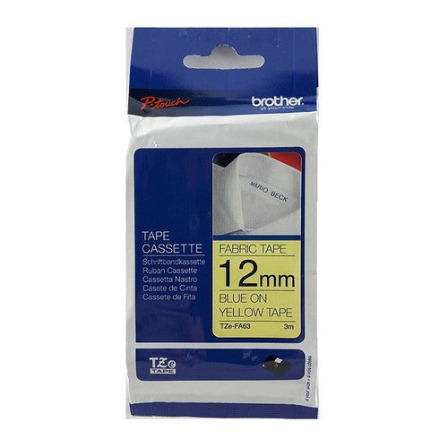 Brother TZe-FA63 Iron On Fabric Tape 12mm Blue on Yellow