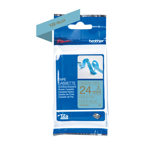 Brother TZe-RL54 Satin Ribbon Tape 24mm Gold on Light Blue
