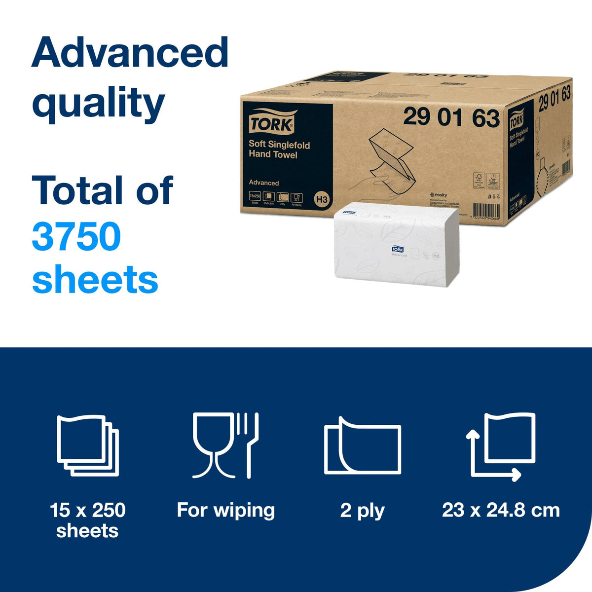 Tork Soft Singlefold Hand Towel 2 Ply Advanced H3 White Carton of 15 x 250 Sheets