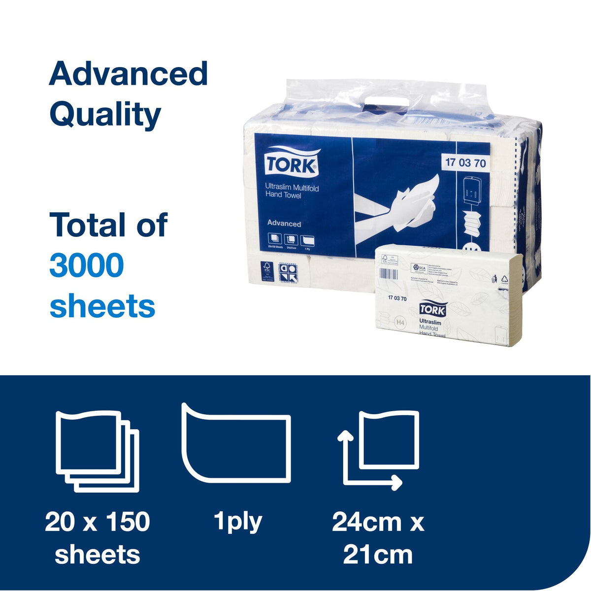 Tork Ultraslim Multifold Hand Towel 1 Ply Advanced H4 White Carton of 20 x 150 Sheets