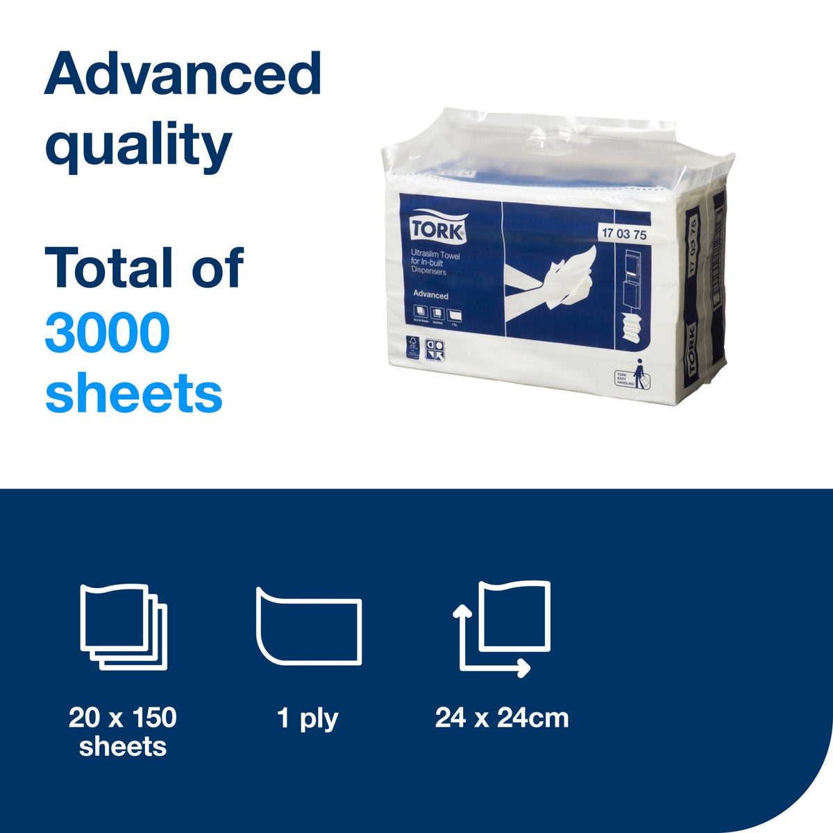 Tork Ultraslim Towel for In-built Dispensers 1 Ply Advanced H4 White Carton of 20 x 150 Sheets