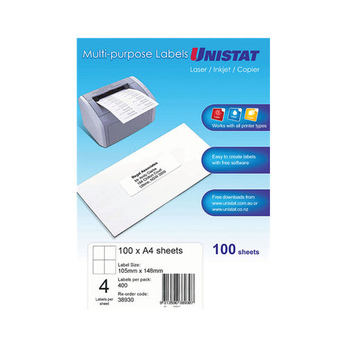 Unistat 38930 Multipurpose Labels 105 x 148mm 4UP 100 Sheets 400 Labels