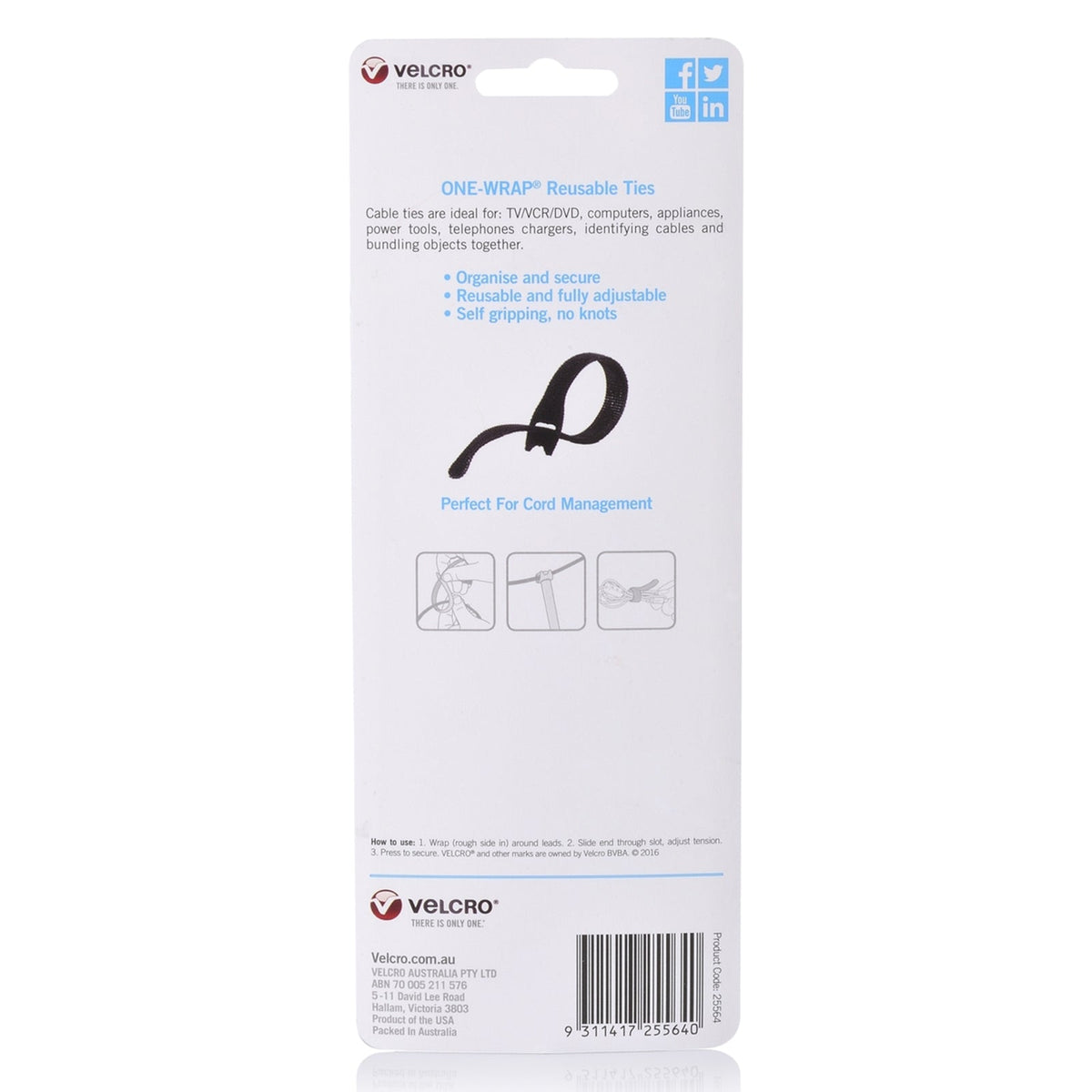 Velcro Brand One-Wrap Reusable Ties 25 x 200mm Black Pack of 5