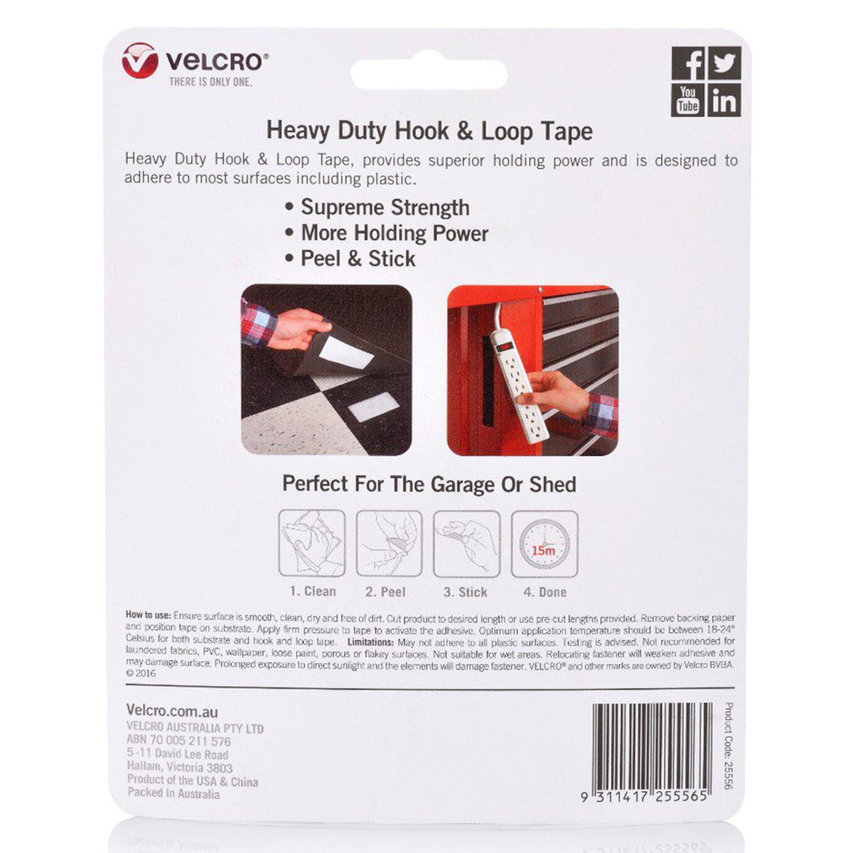 Velcro Brand Heavy Duty Hook and Loop Strip Tape 25mm x 1m Black
