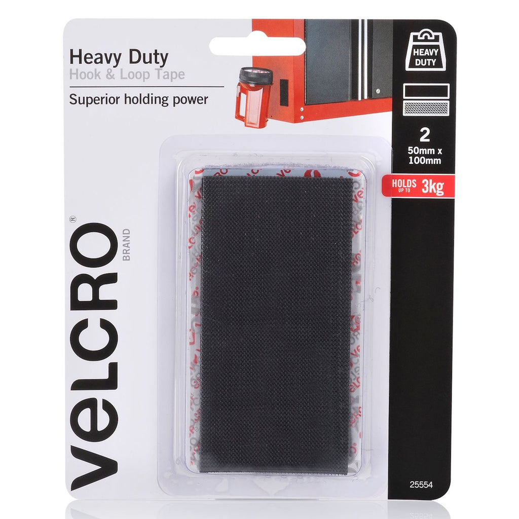Velcro Brand Heavy Duty Hook and Loop Tape 50 x 100mm Black Pack of 2
