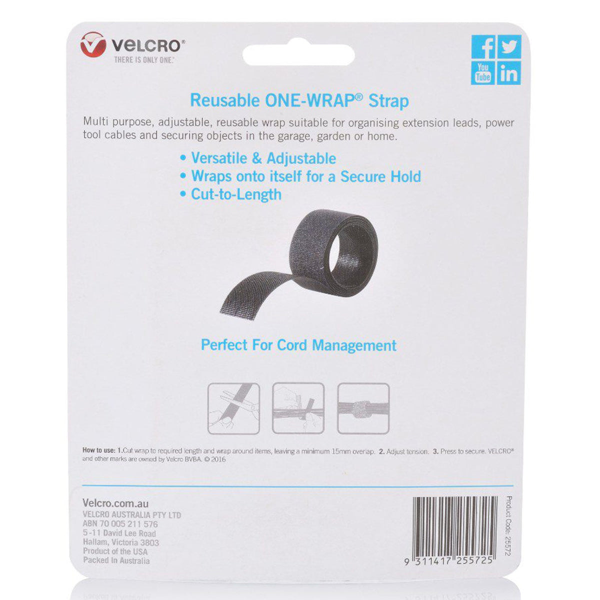Velcro Brand One-Wrap Reusable Tape 25mm x 2m Black