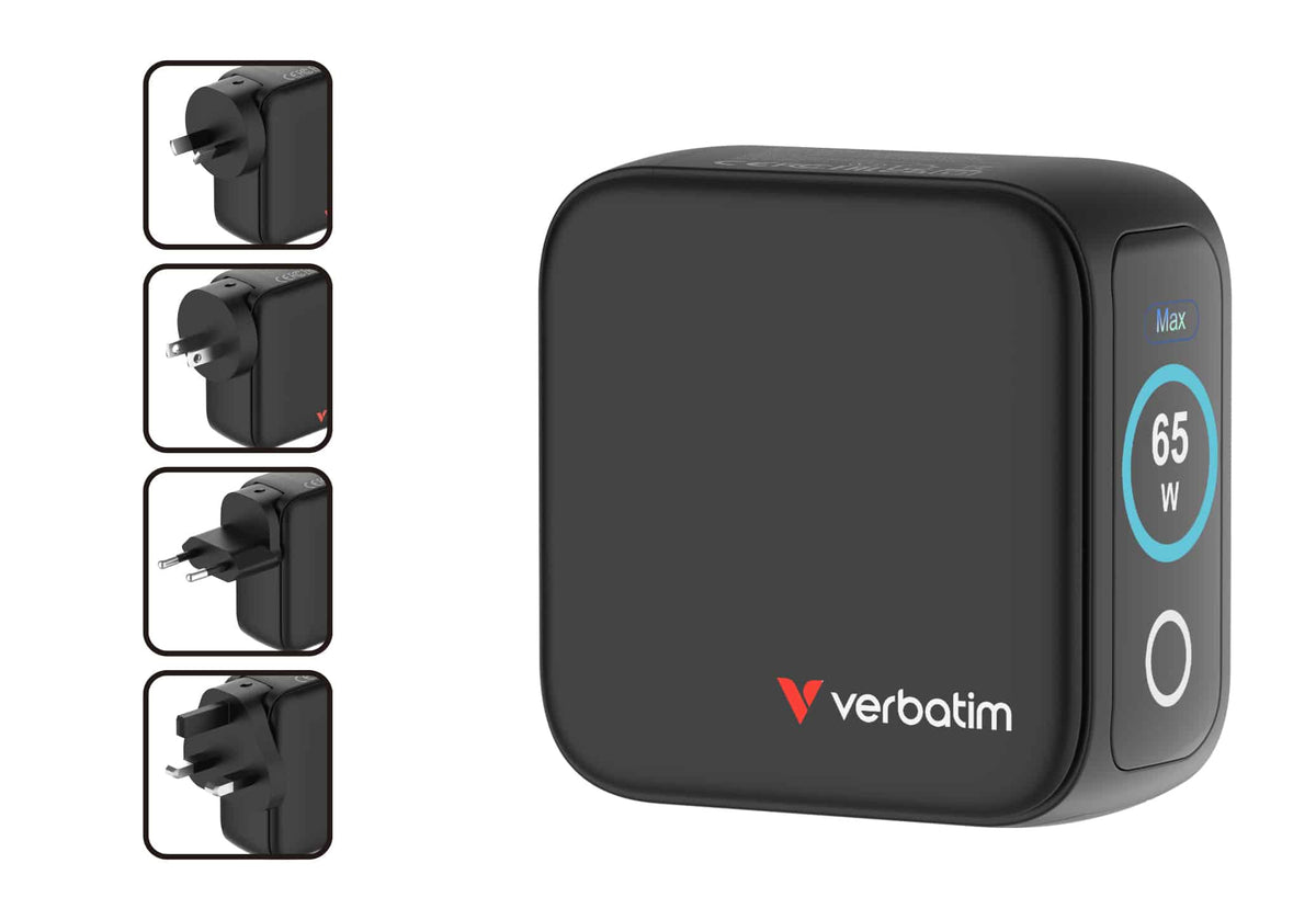 Verbatim Mini GaN Charger with Display 65W 3 Port USB-C and USB-A Black