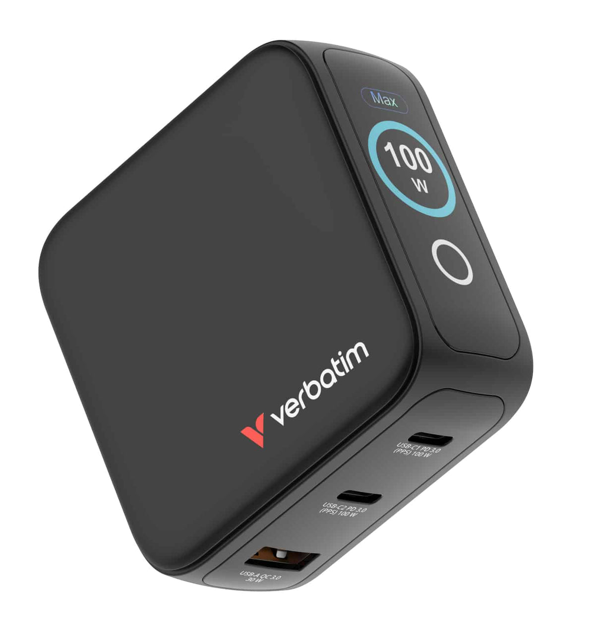 Verbatim Mini GaN Charger with Display 100W 3 Port USB-C and USB-A Black
