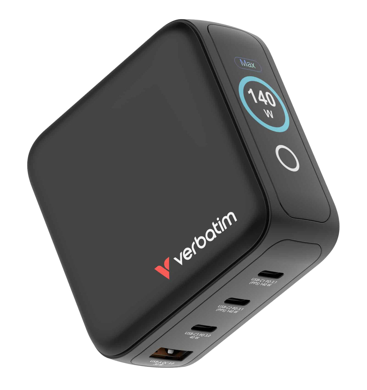 Verbatim Mini GaN Charger with Display 140W 4 Port USB-C and USB-A Black