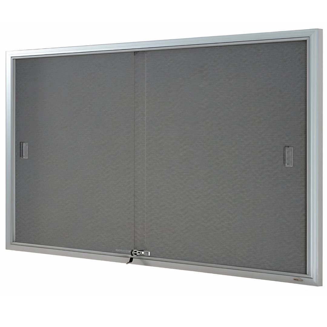 Visionchart BN-SGC-1590SL Be Noticed Sliding Door Notice Case Silver 2 Door Grey Fabric 1525 x 915mm