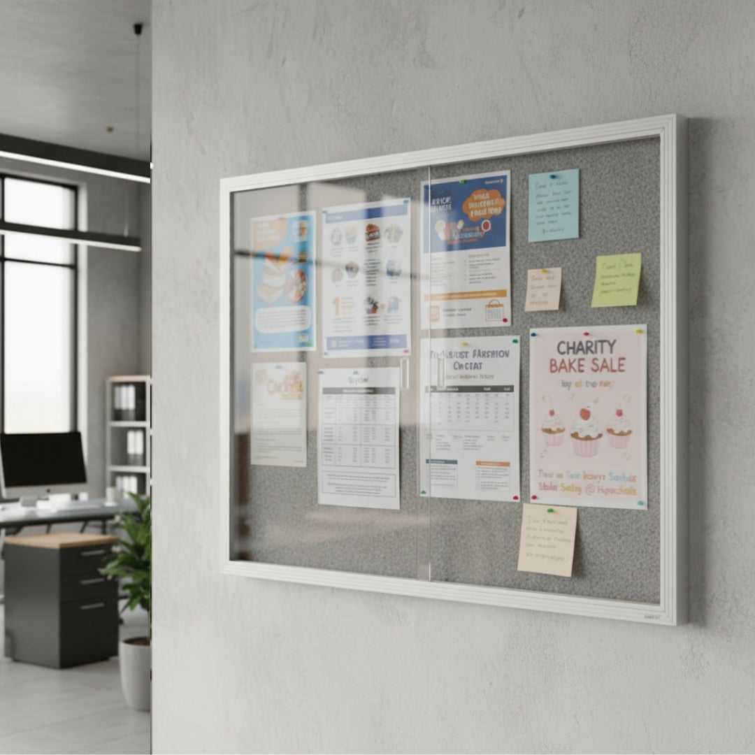 Visionchart BN-SGC-1590SL Be Noticed Sliding Door Notice Case Silver 2 Door Grey Fabric 1525 x 915mm