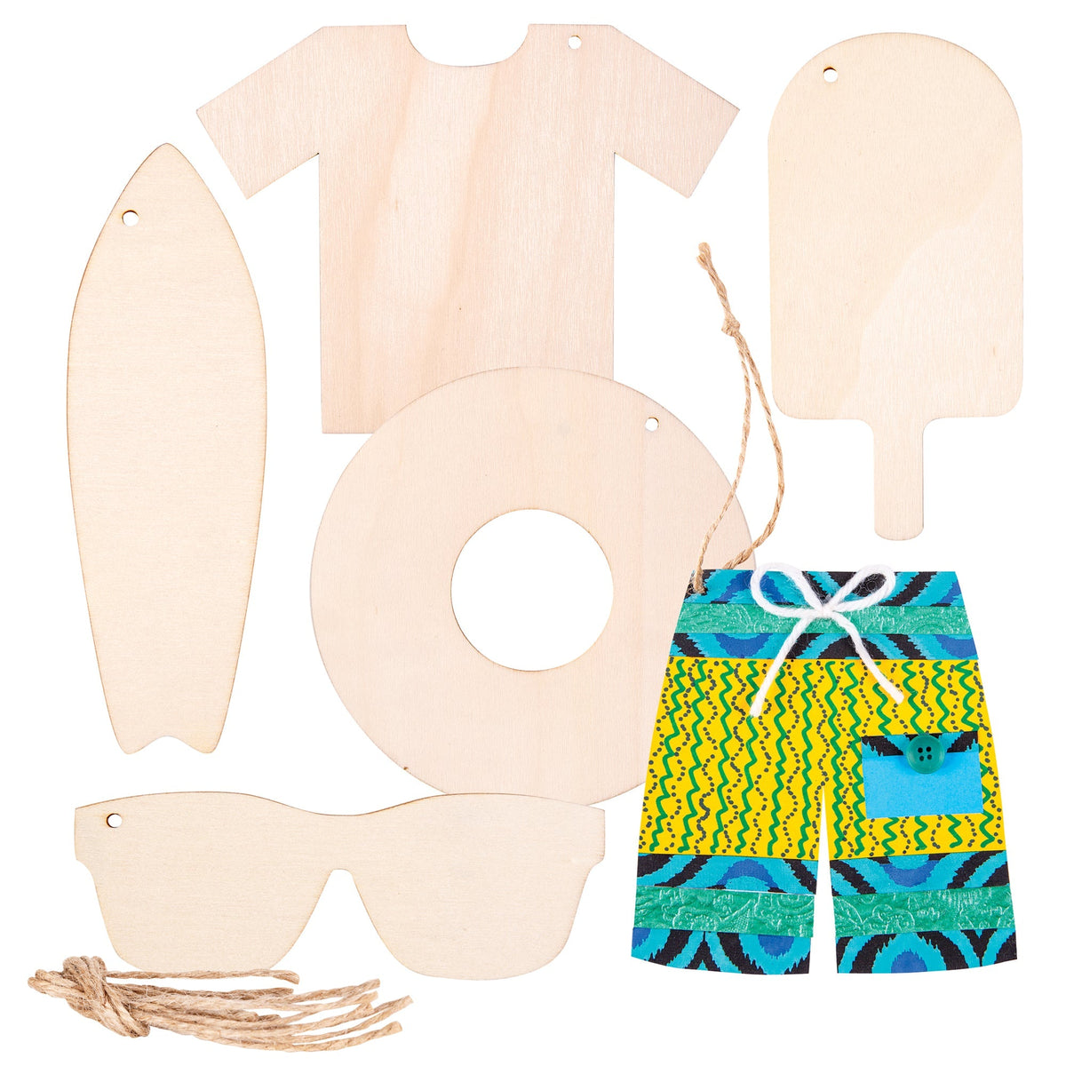 Zart Wooden Australian Summer Shapes Pack of 24 6 Designs with Jute String