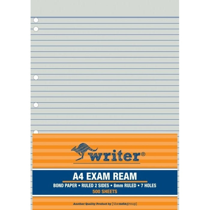 Writer A4 Exam Paper 60gsm 8mm Ruled with 7 Holes Punched Ream of 500 Sheets