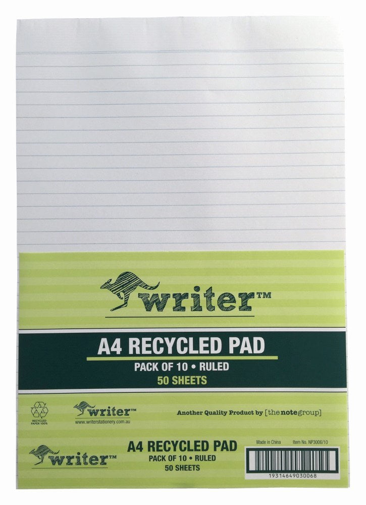 Writer Recycled Ruled Notepad 50 Sheet A4 294 x 208mm Pack of 10