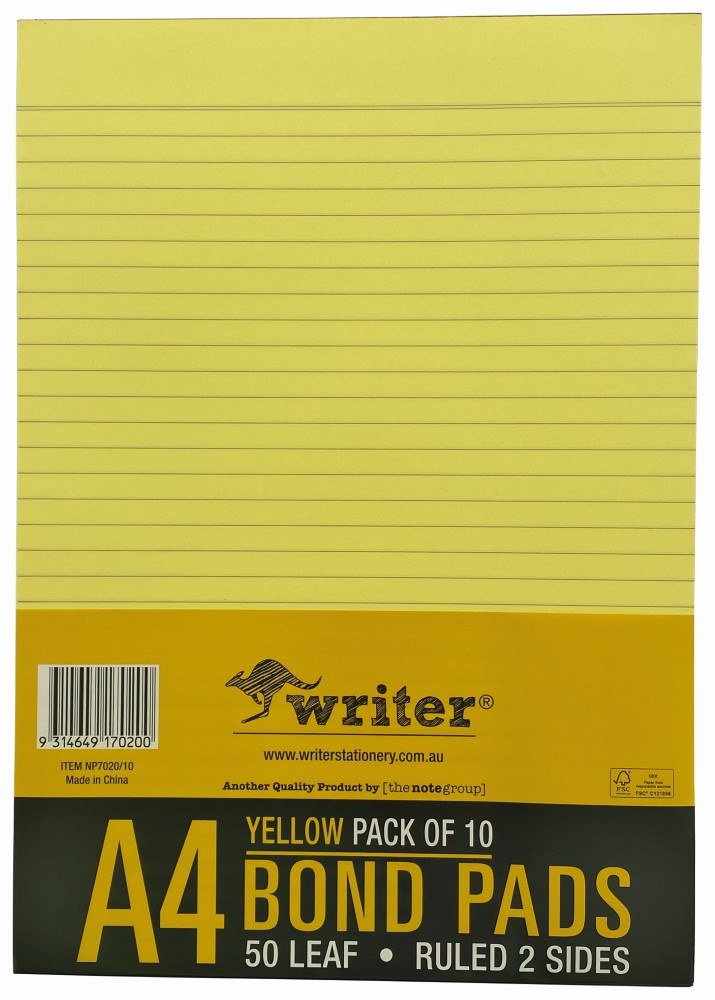 Writer Premium Bond Pad Ruled A4 Yellow 50 Leaf Double Sided Pack of 10