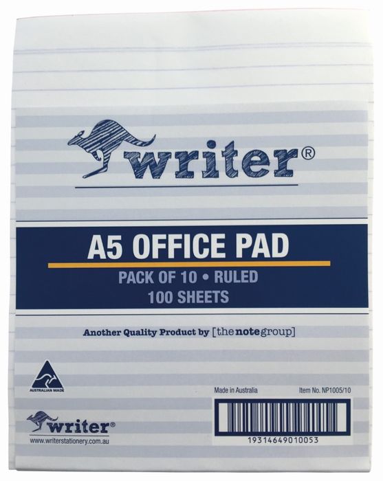 Writer Bank Office Pad Ruled 100 Sheet A5 200 x 150mm Pack of 10