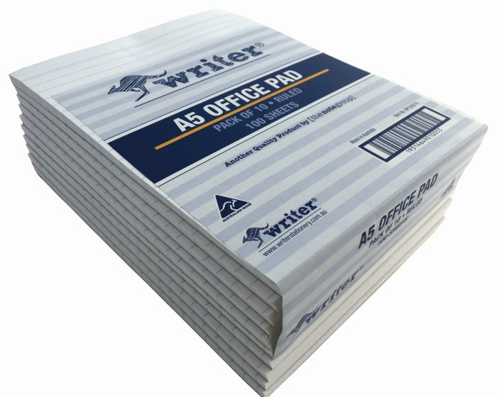 Writer Bank Office Pad Ruled 100 Sheet A5 200 x 150mm Pack of 10