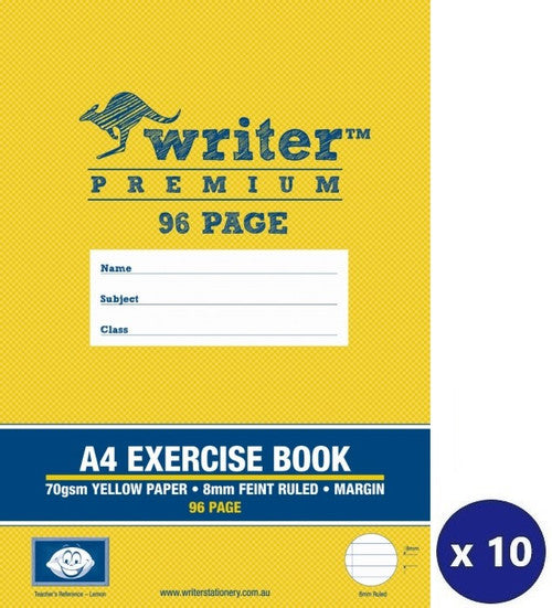 Writer Premium Exercise Book A4 96 Page 8mm Ruled with Margin Yellow Lemon Cover