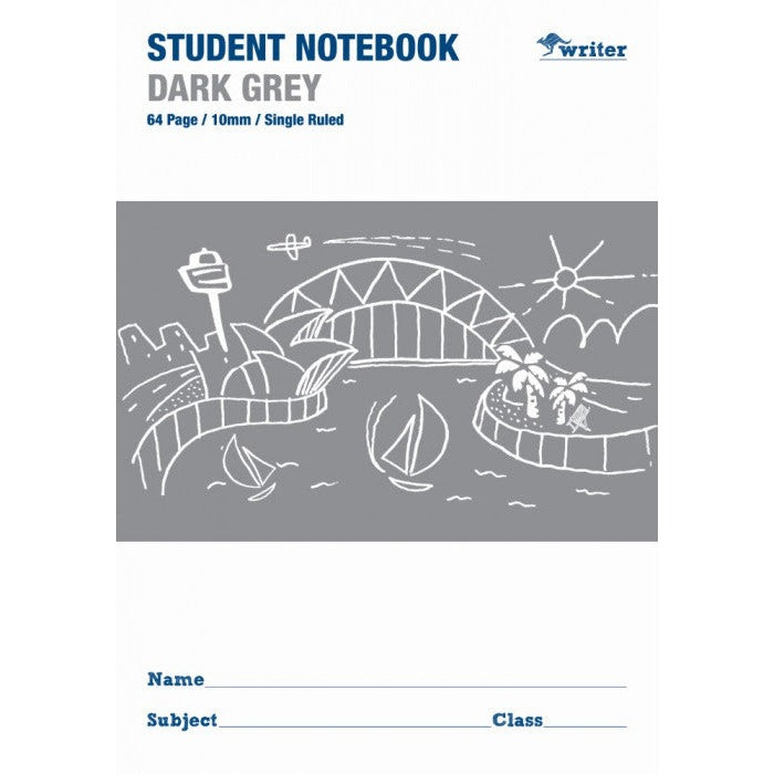 Writer Student Notebook 64 Page Single Ruled 10mm Dark Grey