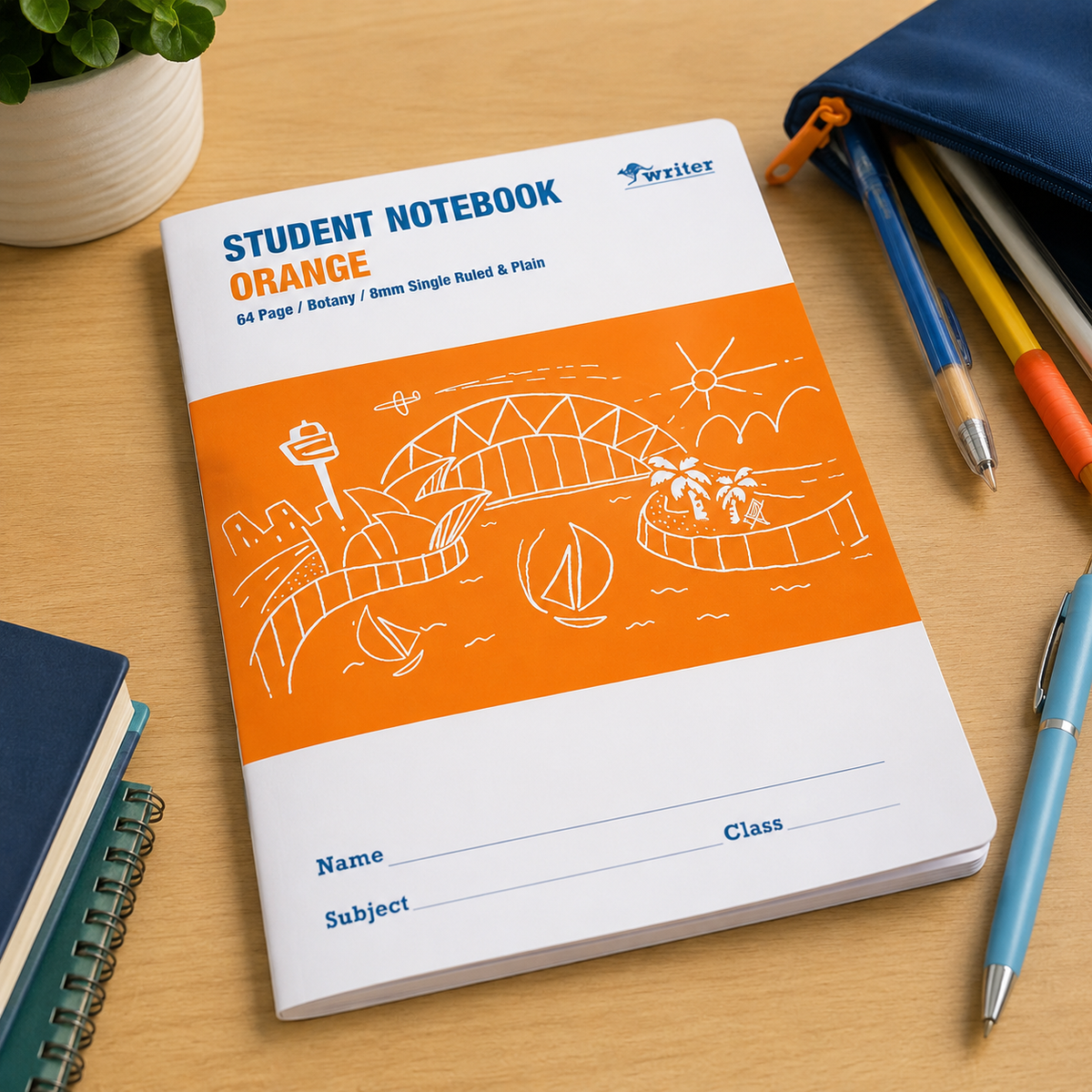 Writer Student Notebook 64 Page 8mm Single Ruled and Plain Orange Pack of 20