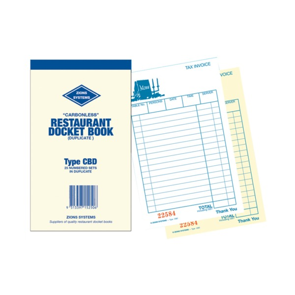 Zions CBD Carbonless Duplicate Restaurant Docket Book