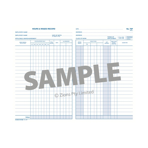 Zions Pocket Hours and Wages Record Book