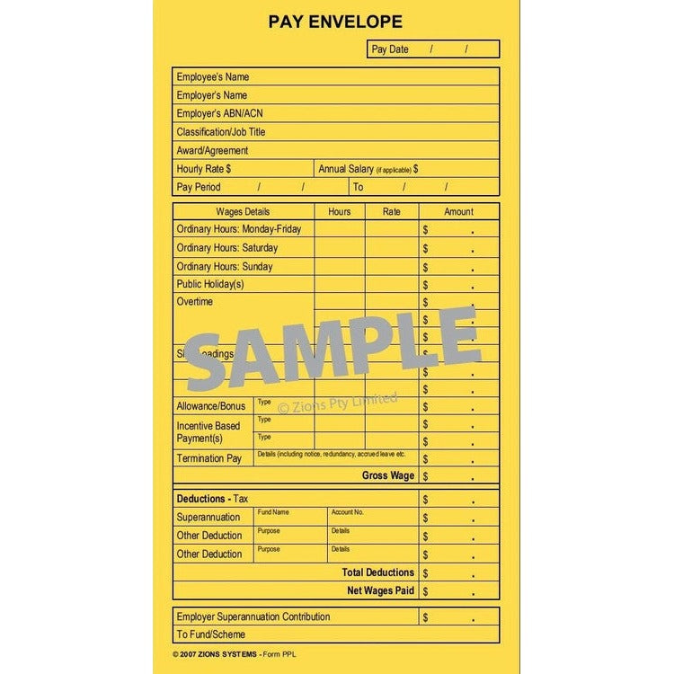 Zions Printed Pay Envelopes Self Seal 90 x 165mm Pack of 50
