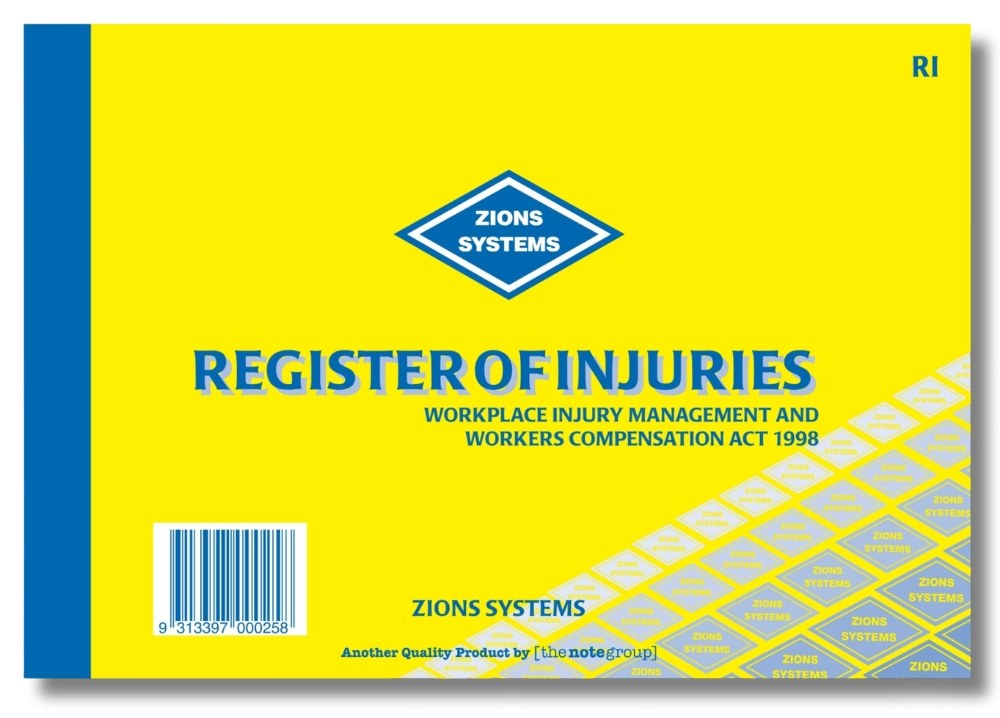 Zions Register of Injuries Book WorkCover NSW