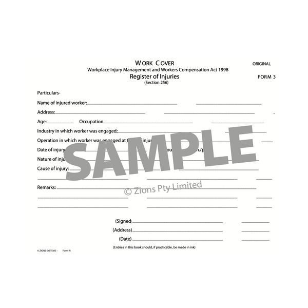 Zions Register of Injuries Book WorkCover NSW