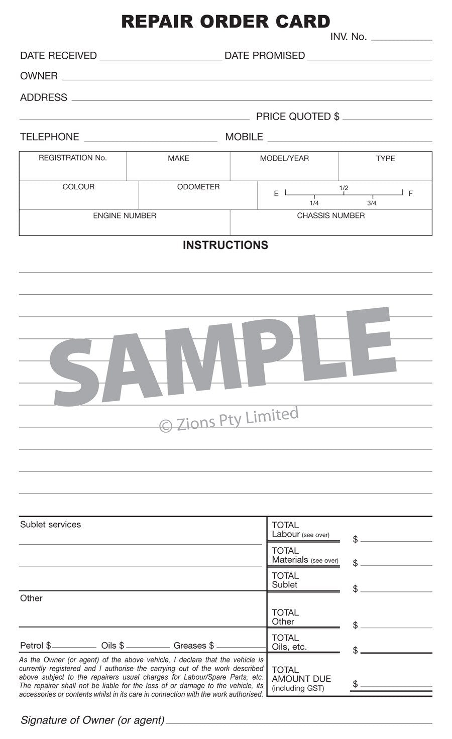 Zions Repair Order Cards Pack of 250