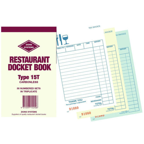 Zions Carbonless Triplicate Restaurant Docket Book