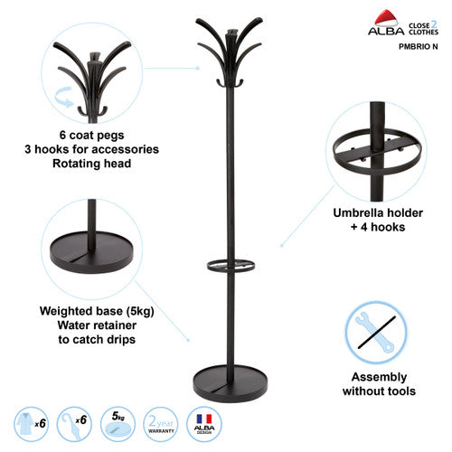 Alba Brio Coat Rack Black with Integral Umbrella Stand