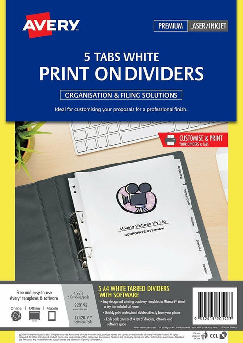 Avery Print-On Dividers 5 Tab L7420-5 4 Sets