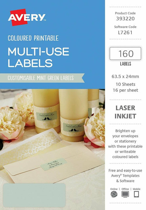 Avery Mint Green Coloured Labels 63.5 x 24mm Pack 160