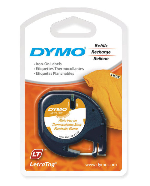 Dymo LetraTag Label Tape 12mm x 2m Black on White Iron-On Fabric