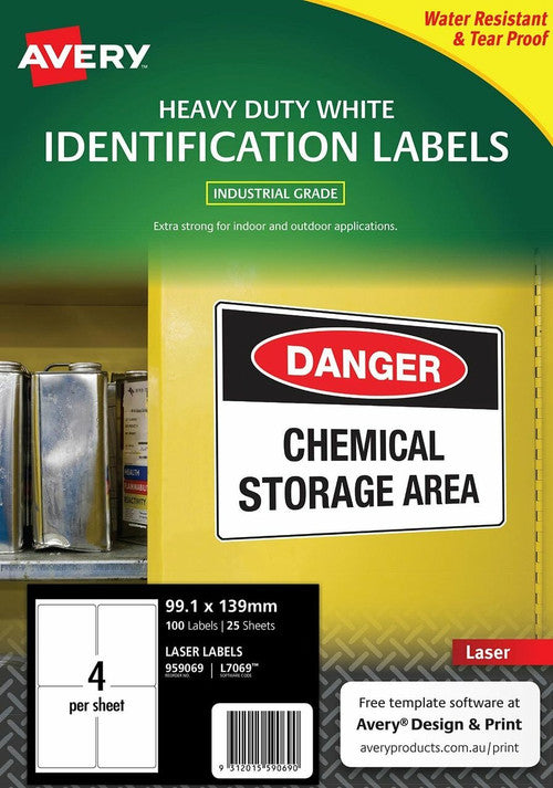 Avery White Heavy Duty Labels L7069 99.1 x 139mm 4UP 100 Labels