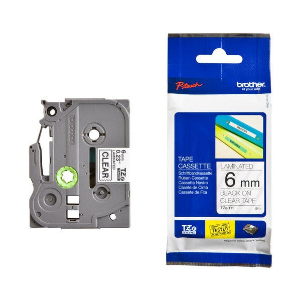 Brother TZe-111 Laminated Label Tape 6mm Black on Clear