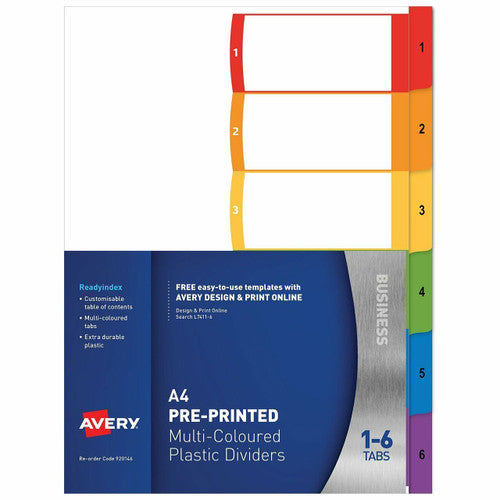 Avery Multi-Coloured ReadyIndex Dividers 1-6 6 Tab L7411-6