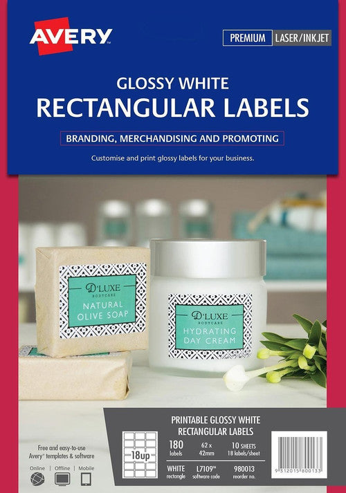 Avery Glossy Rectangle Labels L7109 62 x 42mm Pack 180