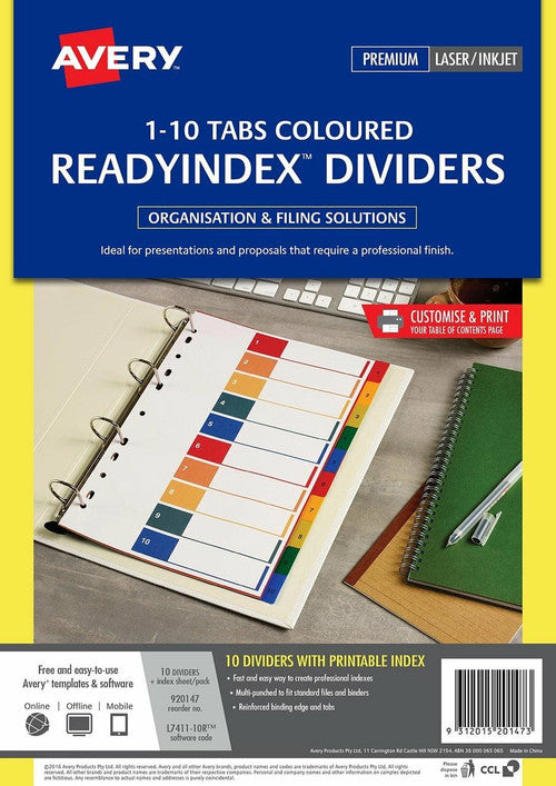 Avery Multi-Coloured ReadyIndex Dividers 1-10 10 Tab L7411-10