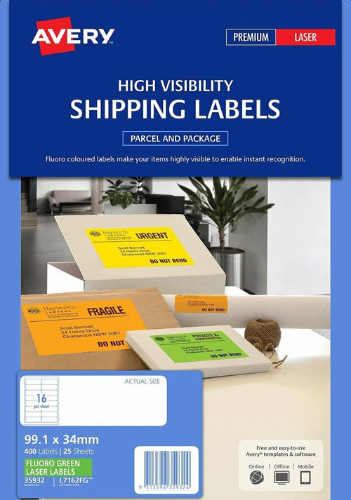 Avery Fluoro Green High Visibility Shipping Labels L7162FG 99.1 x 34mm 16UP 400 Pack
