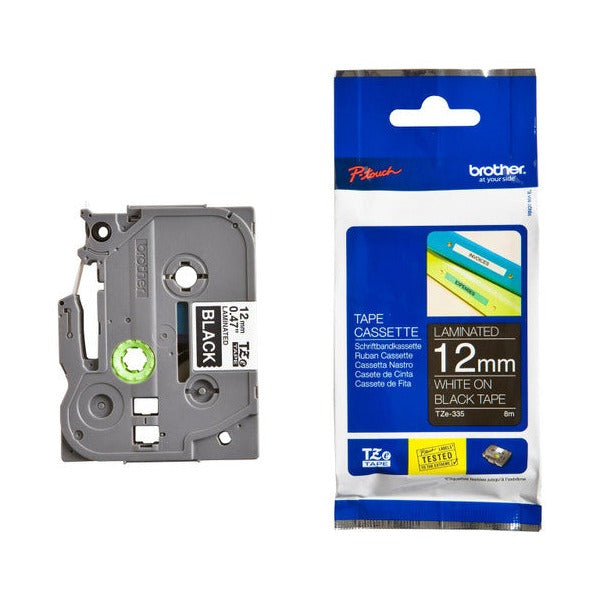 Brother TZe-335 Laminated Label Tape 12mm White on Black