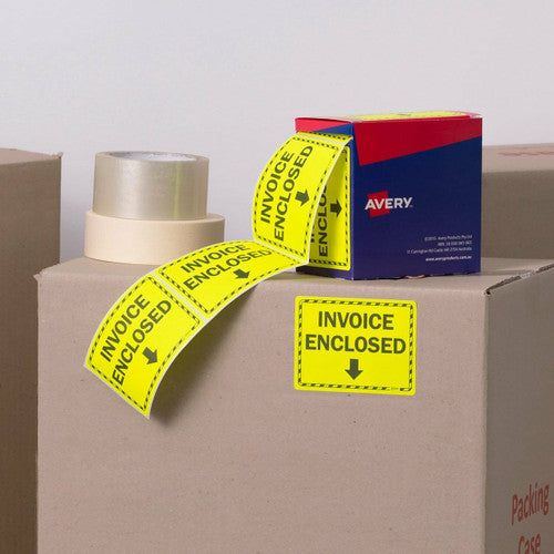 Avery Invoice Enclosed Labels Fluoro Yellow 99.6 x 75mm Roll 750