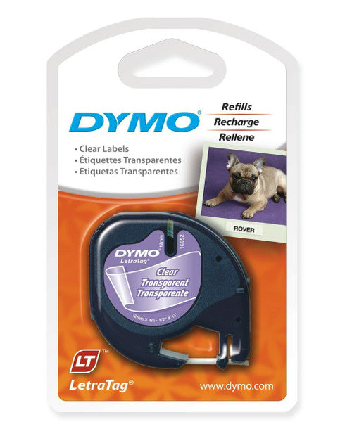 Dymo LetraTag Label Tape 12mm x 4m Black on Clear Plastic Single Roll