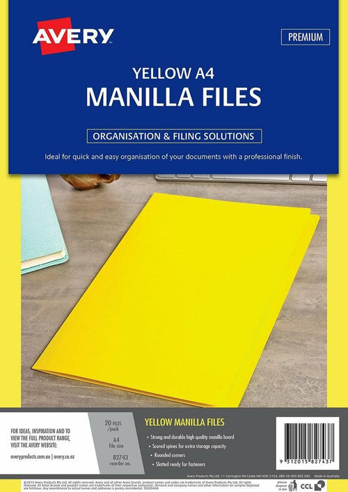 Avery Manilla Folders A4 Yellow Pack of 20